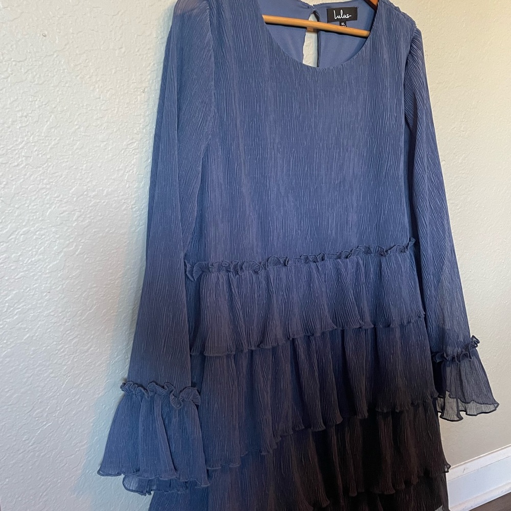 Know You Better Denim Blue Tiered Ruffled Long Sleeve Mini Dress - Size XL